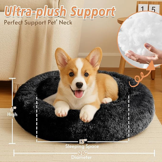JOLLYVOGUE Small Dog & Cat Beds for Indoor Cats, Donut Cuddler Warming Soft Dog Beds with Anti-Slip Bottom, Round Calming Fluffy Plush Faux Fur Cushion Bed for Small Dogs (20", Black)