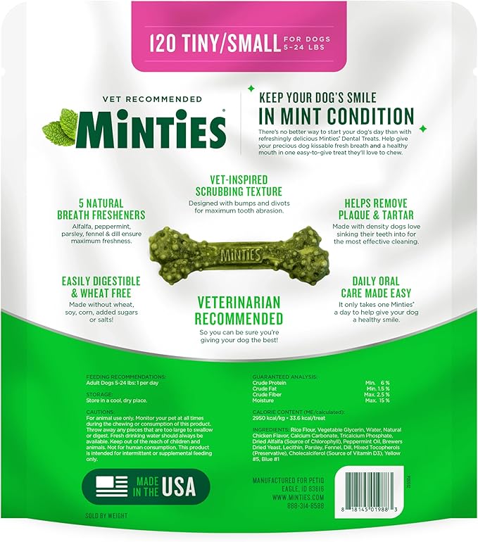Minties Dog Dental Bone Treats, Tiny/Small Dental Dog Treats, 5-25 lbs, Clean Teeth, Fight Bad Breath, Removes Plaque and Tartar, 120 Count