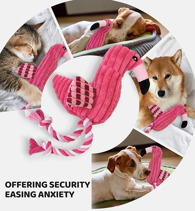 Squeaky Dog Toys - Plush Dog Toys with Soft Durable Fabric for Small Medium Large Breeds, Interactive Tug of War Rope Chew Toys, Teeth Cleaning, Dental Care, and Keep Dogs Busy (Flamingo-Red)