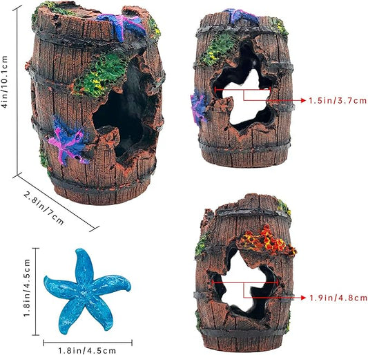 GSD Star-Fish Broken Barrel Decor Resin Betta Tank Accessories Ornaments for Cave Hide Decorations, Broken Barrel x 1pc, Blue Star Fish Ornaments x 2pcs