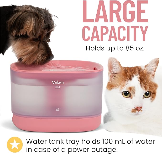 Veken Cat Water Fountain with Detachable Tank, 6 Filters & 6 Sponges, Easy to Clean & Assemble, 84oz/2.5L Pet Drinking Dispenser with Quiet Operation & LED Light for Cats, Dogs and Small Pets, Red