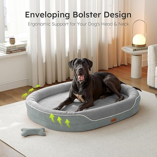 XXL Orthopedic Dog Bed, 53 in. Dog Bed for Large Sized Dogs with Full-Surround Bolsters, Dual-Sided Dog Cooling Beds with Memory Foam, Washable Pet Sofa Couch with Nonslip Bottom, Light Grey