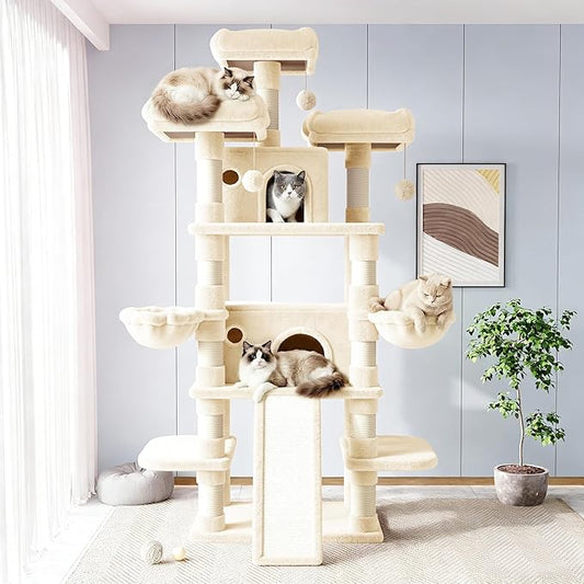 Allewie 82 Inches Large Cat Tree/House/XXL Tall Cat Towers for Big Feline/Scratching Post/Multi-Level Large Kitty Climbing Tree with Condo/Beige