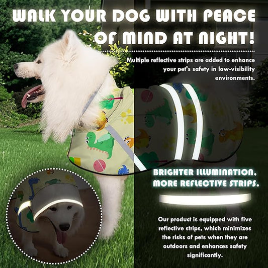 Dog Raincoat, Adjustable Rain Jacket with Hooded Double Layer for Large Medium Small Dogs Puppies, Lightweight Waterproof Rain Coat Poncho with Reflective Stripe Dinosaurs Yellow,XL