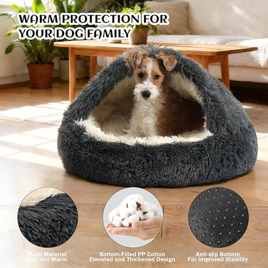 NOYAL Round Hooded Donut Dog Bed for Small & Medium Pets - Plush Fluffy Anti-Anxiety Cat Cave Bed with Cover