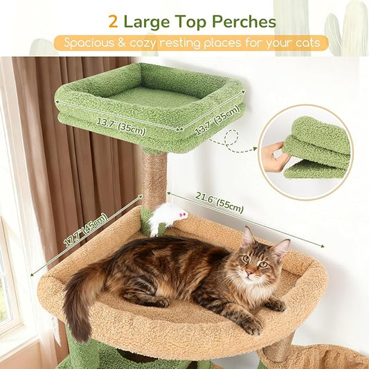 Globlazer Extra Large Cactus Cat Tree Tower, 82in Tall Heavy Duty Cat Tree for Indoor Cats Large Adult Big Cat Tower with 8 Scratching Posts, 2 Cat Condos, 2 Top Perches, 3 Hanging Baskets, S82, Green