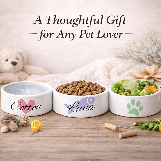 Custom Cat Bowl | Personalized Food & Water Dish with Name | Microwave & Dishwasher Safe Ceramic Pet Feeding Bowl for Kitty | Gift for New Kitten Owners | White – Small