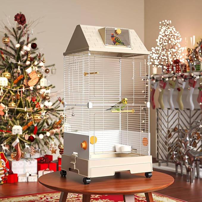 Oneluck Deluxe Bird Cage,Front Transparent Panel, Drawer Tray,Roof with Window,Side Mesh Doors,Rolling Base 18.5"x13.8"x38.5" for Small/Medium Birds,Off-White