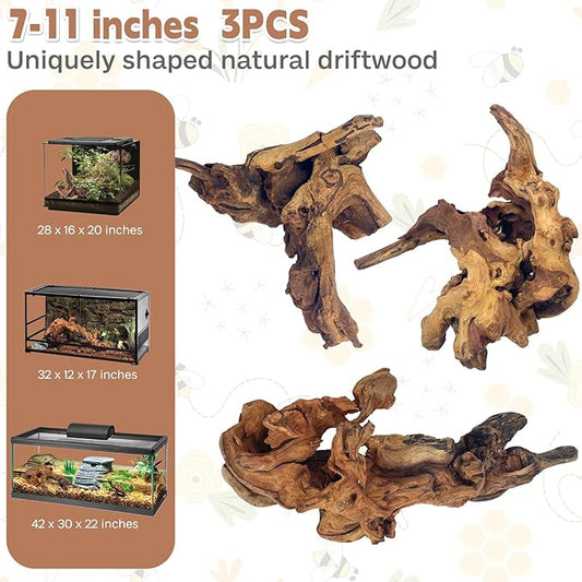 PINVNBY Natural Driftwood for Aquarium Decor Fish Tank Decorations Reptile Decor Driftwood Decor, 3 Pieces 7"-11" Assorted Driftwood Branch