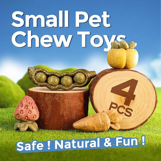 TEEWY 4PCS Guinea Pig Toys, Hamster Chew Toys, Natural Plant-Based Guinea Pig, Hamster, Rat & Chinchilla Toys for Teeth Grinding and Play