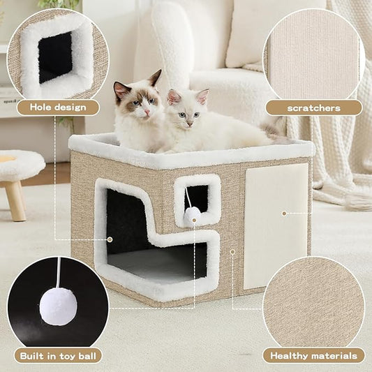 Cat Houses for Indoor Cats, Covered Cat Cave Bed with Scratch Pad and Fluffy Ball, Foldable Cat Hideaway Condo for Large Cats, Modern Kitten Bed,16.5x16.5x13 inches (Khaki, L)