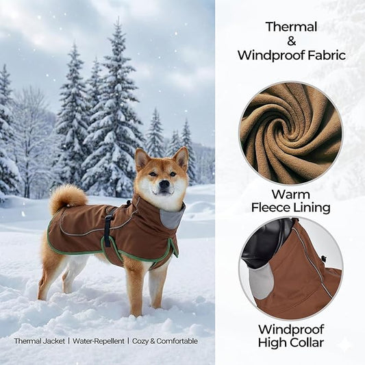 Softshell Dog Coat for Winter Walks and Hiking, Windproof and Water-Repellent Jacket with Harness Opening and Reflective Strips, Ideal Stocking Stuffer for Active Dogs (Brown, Small)