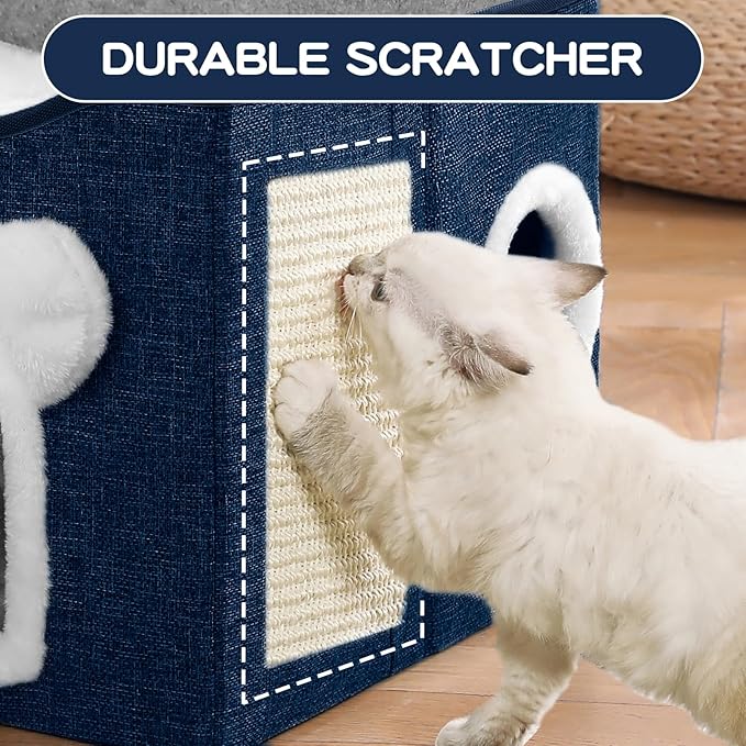 Cat House for Indoor Cats, Large Cat Bed Cave with Scratch Pad and Fluffy Ball, Foldable Cat Hideaway Condo, Kitten Bed, 16x16x13inch (Blue, Large)