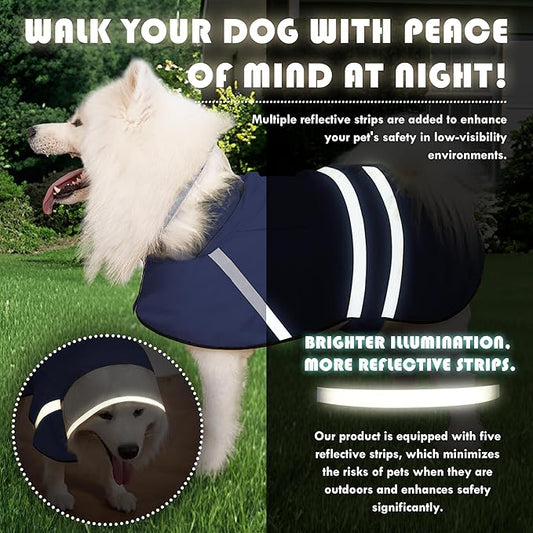 Dog Raincoat, Adjustable Rain Jacket with Hooded Double Layer for Large Medium Small Dogs Puppies, Lightweight Waterproof Rain Coat Poncho with Reflective Stripe Navy,M