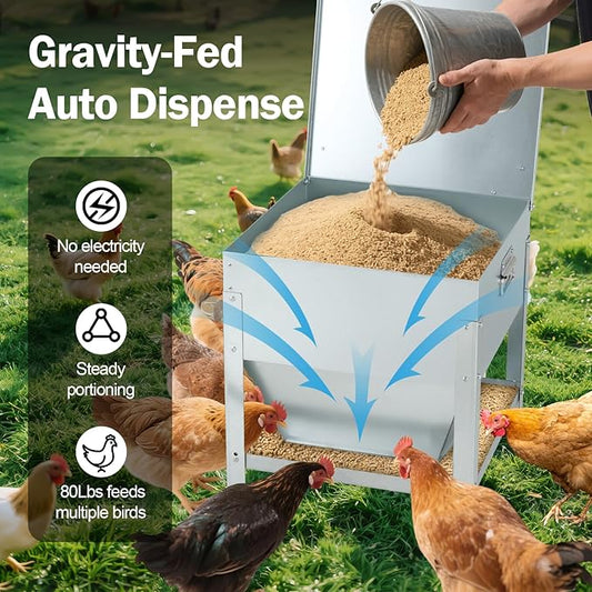 Automatic Chicken Feeder 80LBS, Galvanized Metal Gravity Feeder with 4-Sided Troughs, Waterproof Locking Lid, No Waste Poultry Feeder for Backyard Coops, Free-Range & Small Farms