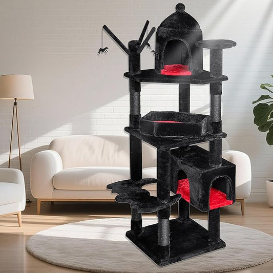 BEWISHOME Heavy Duty Cat Tree, 63 in Large Cat Trees Gothic Cat Tower with Coffin Bed, Cat Houses with Scratching Posts for Large Cats 20 lbs+, Tall cat Condos, Black & Red MMJ96R