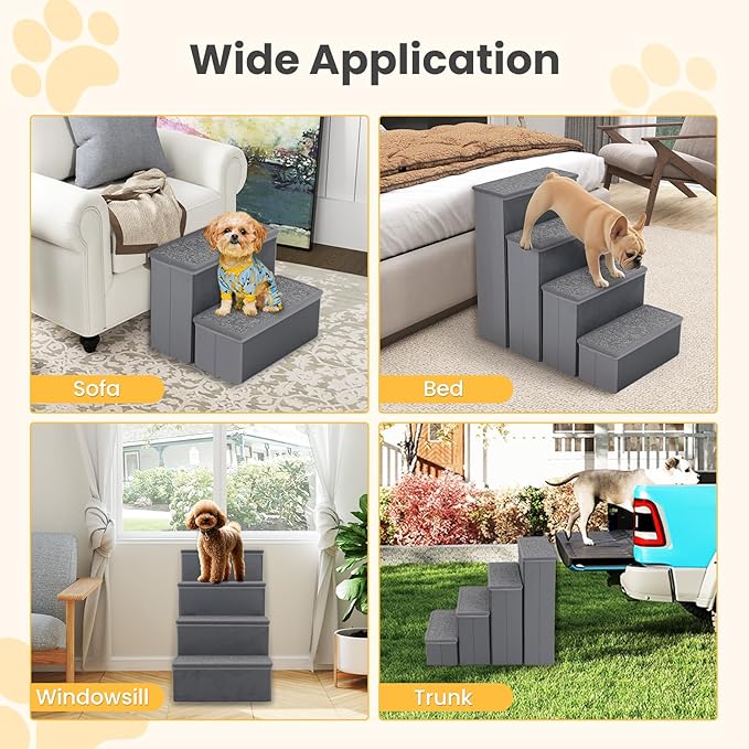 PETSITE 4-Step Dog Stairs, 23 Inch Tall Foldable Pet Stairs for Small and Medium Dogs Cats, with Storage Compartments and Non-Slip Bottom, Adjustable Dog Steps for Bed, Couch, or Sofa