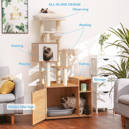 Hey-brother Cat Tree with Litter Box Enclosure, Modern Cat Tower for Indoor Cats with Large Platform, Condo Food Station and 2 Hammocks, All-in-one Cat Furniture, Wood Walnut MPJ115WB