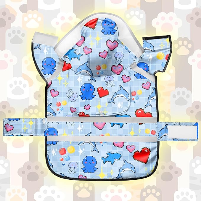 Dog Raincoat, Adjustable Rain Jacket with Hooded Double Layer for Large Medium Small Dogs Puppies, Lightweight Waterproof Rain Coat Poncho with Reflective Stripe Ocean Dolphin Blue,L