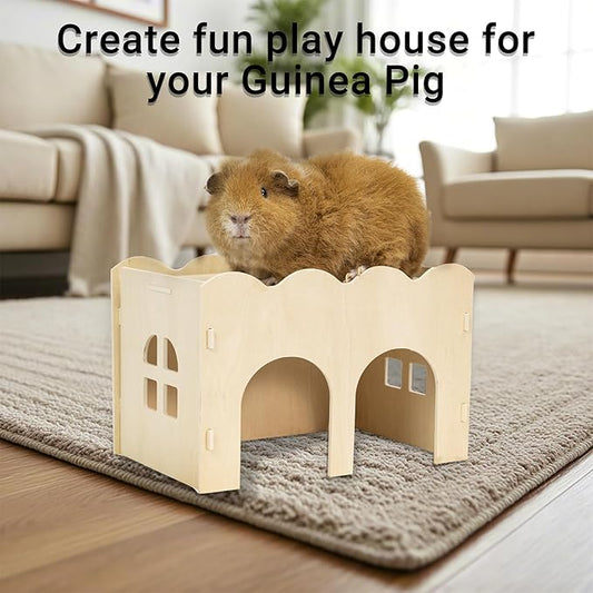 Bifeaw Guinea Pig Hideout, Natural Wooden Chew Proof Hideaway Hut for Small Pets (Wood, Guinea Pig)