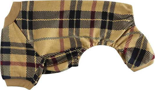 Beige Buffalo Plaid Christmas Clothes for Small Dog Pajamas Onesie PJS for Pet Back Length 12"