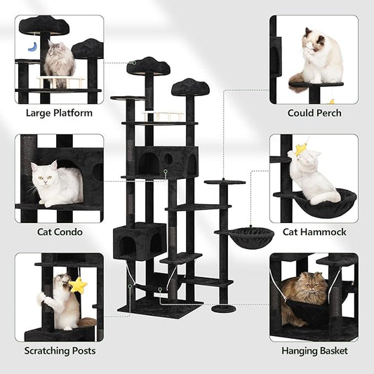 79inch Giant Cat Tree for Heavy Duty Big Cats, Multi-Level Luxury Cat Tower with Scratching Post, Cat Condo with Hammocks & Plush Perches for Indoor Cats Large Adult, Black