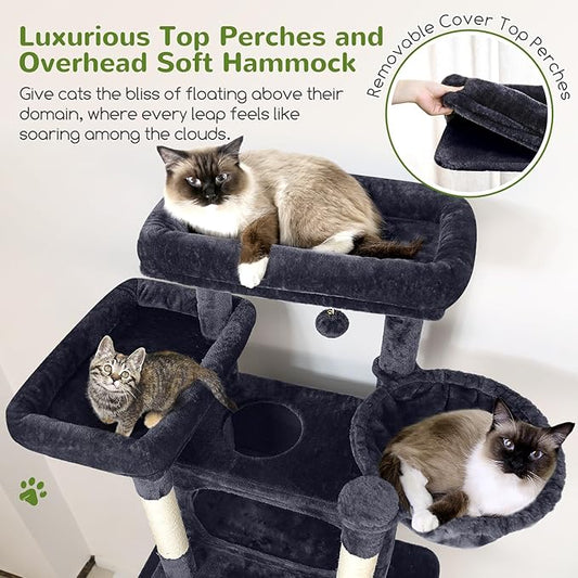 Globlazer XXL Giant Cat Tree, 83 Inch Heavy Duty Tall Cat Tower for Indoor Cats Large Adult, Multi-Level Large Cat Condo with 8 Scratching Posts, Hammock, 2 Cat Caves, 2 Platform, F83B, Dark Grey