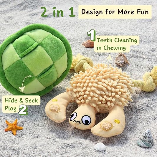Interactive Dog Toys, Durable Chew Squeaky Tug of War Toys for Large Medium Small Dogs, Snuffle Puppy Toy for Teeth Cleaning, 2 in 1 Puzzle Toy, Birthday Gift -Turtle