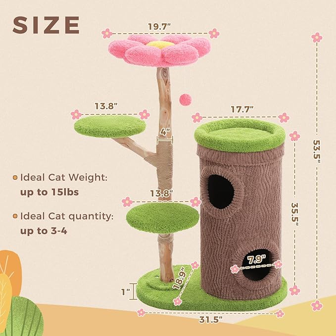 Wood Cat Tree with Flower Perch, 53.5" Modern Cat Tower w/Natural Solid Wood Scratching Post (φ3.8in), Large Heavy Duty Forest Cat Tree Furniture w/2 Condos for Indoor & Multi-Cat Household