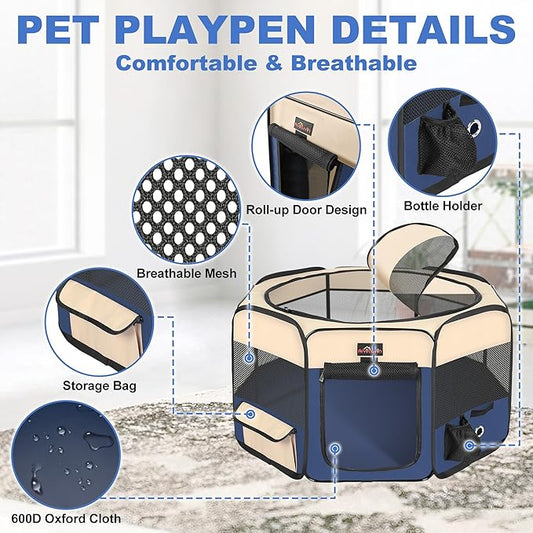 Aivituvin Dog Playpen, Foldable Pet Play Pens with Carrying Bag for Cat, Puppies, Rabbits, Portable Dog Tent Crates Cage for Travel Camping Indoor Outdoor, Removable Shade Cover, Blue M