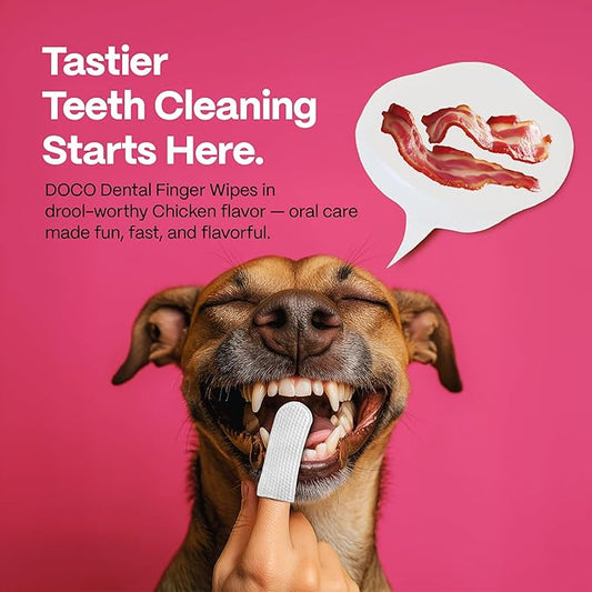 DOCO Dog Teeth Cleaning Wipes Dental Finger Wipes for Cats & Dogs Remove Plaque & Tartar, Freshen Breath, No Rinse, Easy & Effective Pet Tooth Cleaning Kit for Oral Care (Bacon Flavor, 50 Count)