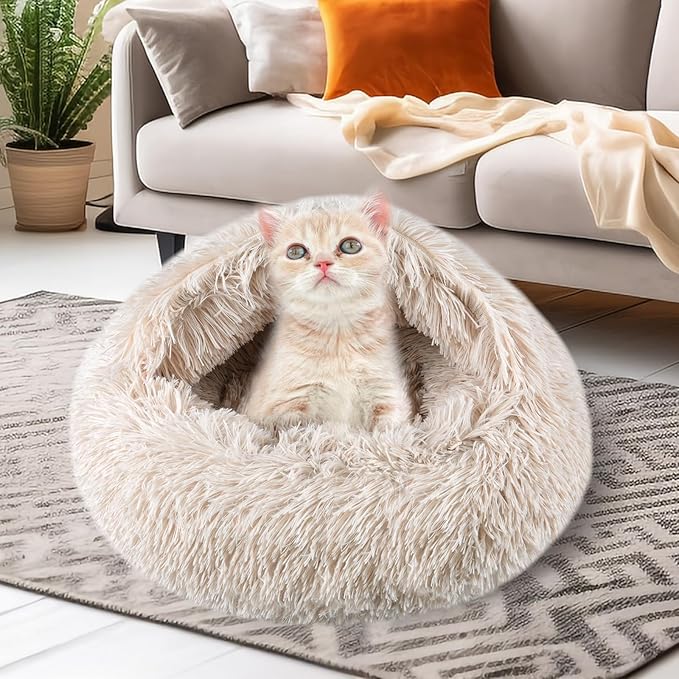 Cat Beds for Indoor Cats,Cat Cave for Puppy and Kitty,Calming Small Dog Bed for Small Dogs with Cover Cave,Cozy Warming Fluffy Washable Anti-Slip Pet Sleeping Bag(24 * 24inch,Beige)