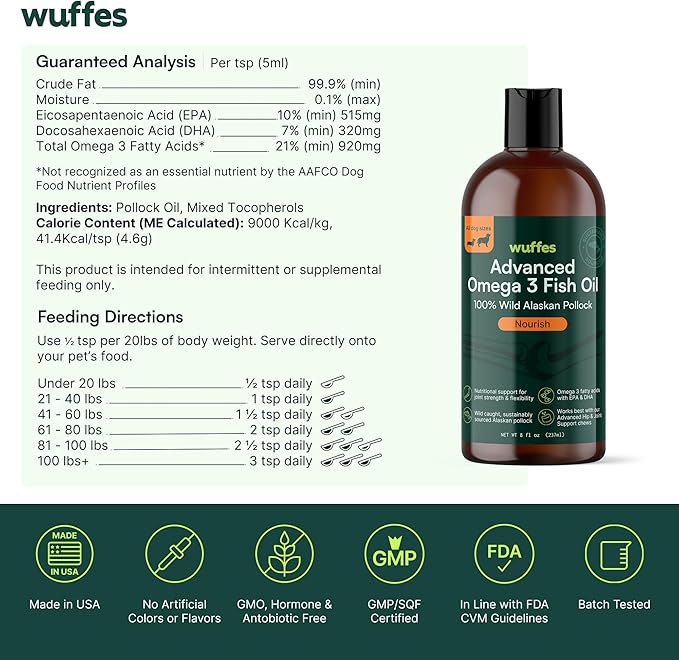 Wuffes Advanced Omega 3 Fish Oil for Dogs, Natural EPA & DHA Fatty Acids, Supports Healthy Skin and Coat, Joint Nutrition, Digestion & Immune System - 100% Pure Wild Alaskan Fish Oil - 8 Oz