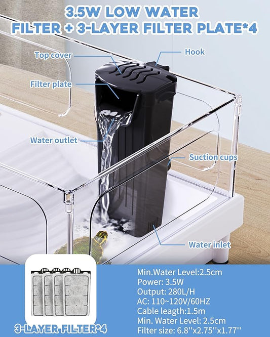 Aquarium Power Filter(3.5W), Turtle Tank Filter, Silent Low-Water Filter for Small Fish Tank, Reptile Tank Up to 15Gallon, with 4pcs Cartridges.(Black)
