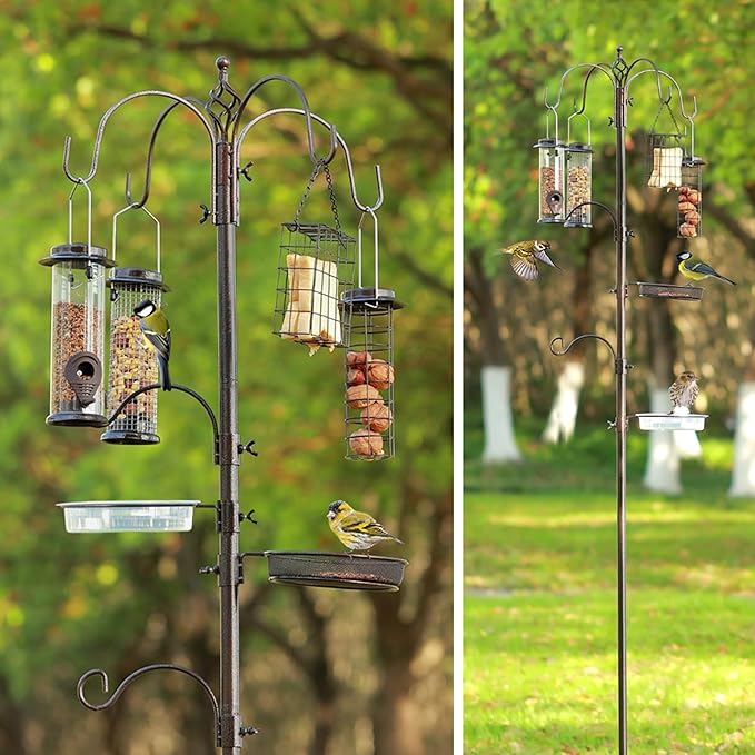 Bird Feeding Station Kit Pole Wild Bird Feeder Hanging Planter Hanger Multi Feeder Hanging with Metal Suet Feeder Bird Bath for Attracting Wild Birds