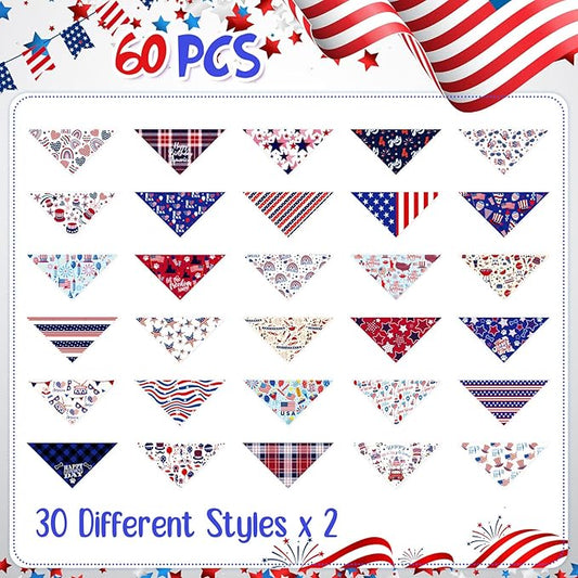 60 Pcs 4th of July Day Dog Bandanas Patriotic Dog Bibs American Flag Pet Costume Adjustable Dog Cat Holiday Outfit Washable Triangle Scarf Kerchief for Small to Medium Pet