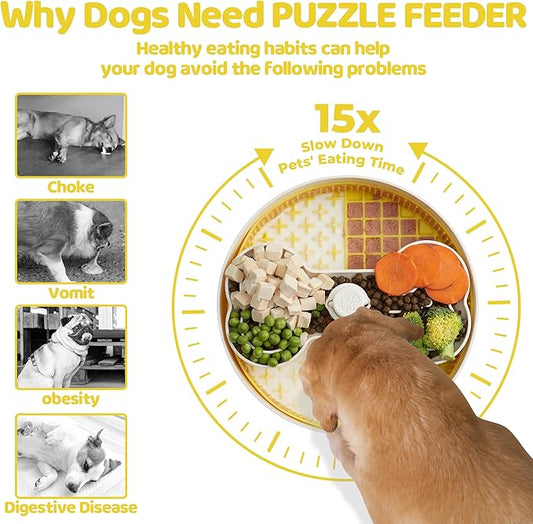 Puzzle Feeder Slow Feeder Dog Bowl with Lick Mat and Puzzle Inserts - Non-Slip Base, Adjustable Speed Design, Dishwasher Safe for Large Dogs,Yellow