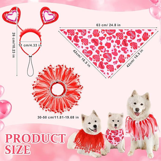 8 Pcs Valentines Day Dog Costume Set Dog Valentines Outfit Including Red Heart Headband Collar with Ribbons Pet Bandana for Small Medium Pet Holiday Birthday Wedding Party
