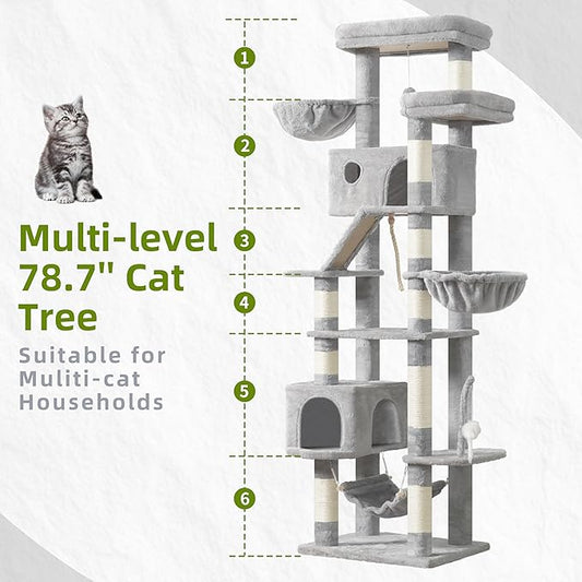 Cat Tree for Large Cats, 78.7"(200cm) Tall Cat Tower for Indoor Cats Multiple Cats with Large Top Perch, Cat Condo, Cat Hammcok, Cat Scratching Post, Light Gray GCT031W