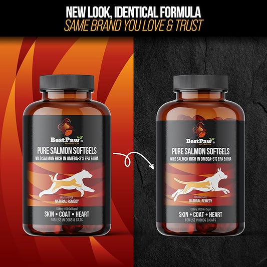 Best Paw Nutrition Pure Wild Alaskan Salmon Oil for Dogs & Cats Allergy, Dry Itchy Skin, Hotspots, & Joint Pain Relief 1000mg Softgels