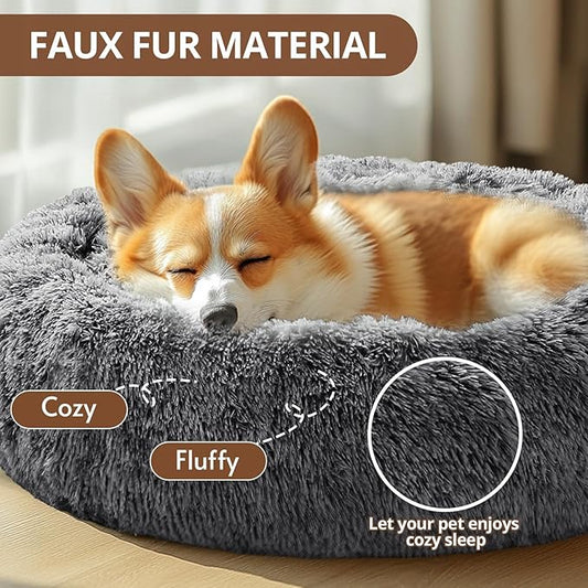 JOLLYVOGUE Small Dog & Cat Beds for Indoor Cats, Donut Cuddler Warming Soft Dog Beds with Anti-Slip Bottom, Round Calming Fluffy Plush Faux Fur Cushion Bed for Medium Dogs (27", Smoke Black)