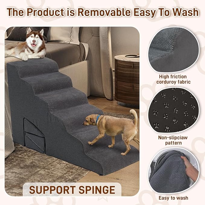 6 Steps Dog Stairs & Steps Ramps for High Beds 30 inches High Tall, LitaiL 6 Step Pet Stairs Steps for Small Large Dogs, Non-Slip Dog Ramps with 3 Pack Ramps for Staircase