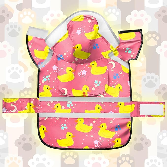 Dog Raincoat, Adjustable Rain Jacket with Hooded Double Layer for Large Medium Small Dogs Puppies, Lightweight Waterproof Rain Coat Poncho with Reflective Stripe Duck Pink,M