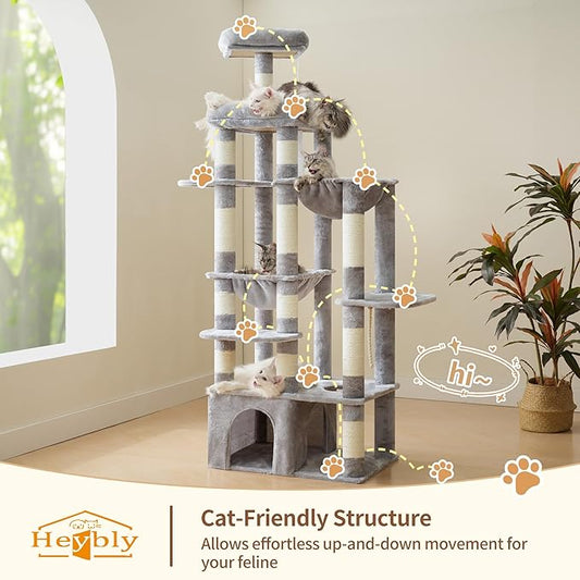 Heybly Cat Tree, 71-Inch Tall Cat Tower for Large Maine Coon Cats with Extra-Large Baseboard, Cat Condo Furniture with Multi-Level Platforms, 2 Hammocks and 12 Scratching Posts, Light Gray HCT037W
