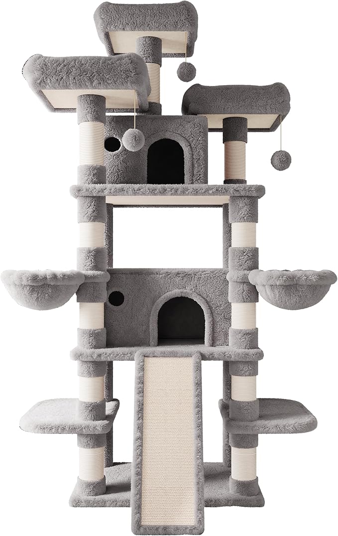 SHA CERLIN 81 Inches Extra Large Cat Tree for Indoor Adult Cats/XXL Big Cat Tower with Condo/Cozy Perches/Sisal Scratching Posts and Hammocks/Activity Center/F80/Heavy Duty/Grey