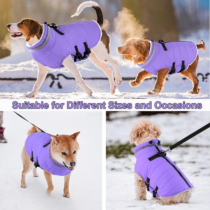 Dogcheer Dog Coat with Harness, Waterproof Dog Jacket Adjustable Winter Coat with Zipper, Christmas Puppy Snow Jacket Fleece Sweater for Small Medium Large Dogs - Taro Purple L