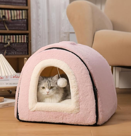 Cat Bed for Indoor Cats,Foldable cat cave,Anti-Slip & Water-Resistant Bottom,cat Houses for Indoor Cats or Small Dogs, Kitten Tent, Rabbit Bed,2 in 1 pet Bed (Pink)