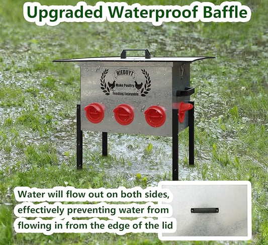 45LB Large Automatic Chicken Feeder, 8 Feeding Ports, No-Waste Poultry Feeder, Squirrel Proof Metal Chicken Feeder, with Adjustable Legs & Locking Lid and Waterproof Panel