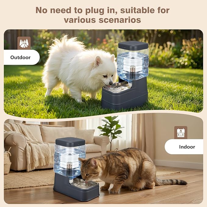 Cat Automatic Feeder Dog Water Dispenser with Stainless Steel Bowl Pet Gravity Waterer Large Capacity Feeding Raised Bowls for Small Medium Large Pets with Filter,Ice Pack 6L
