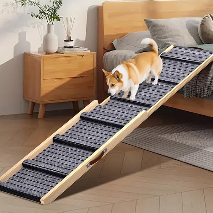 Dog Ramp for Car, 71''x 17'' Extra Long Deluxe Telescoping Design Wooden Pet Ramp, Pet Stair Ramps for Truck SUV with Non-Slip Surface, Portable Outdoor Dog Steps for Medium Large Dogs, Up to 200LBS